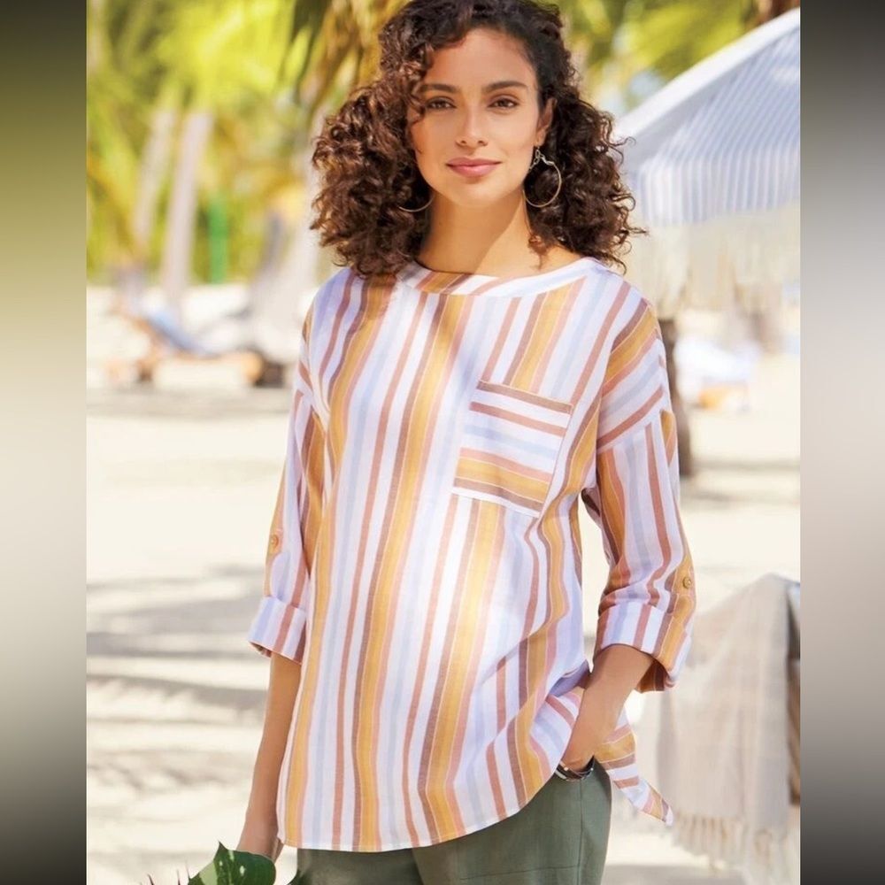 Soft Surroundings ‘Enyo’ Multi Striped Cotton/Tencel Long Sleeve Tunic large - Picture 3 of 13